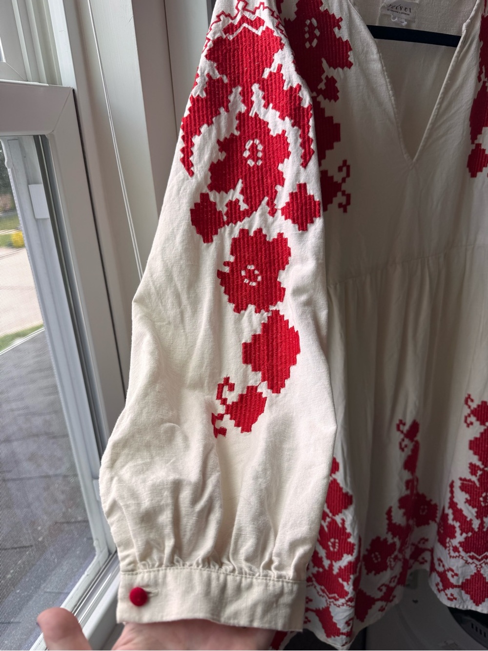 Velvet by Graham & Spencer - Jora Embroidered Peasant Midi Cream Red Dress - Picture 7 of 8